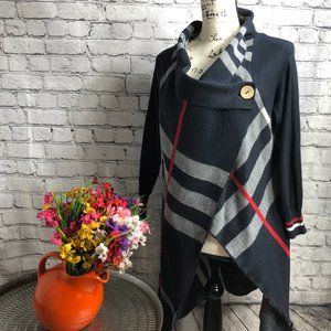 Dark Blue Cardigan with Red and Gray Accents, S/M